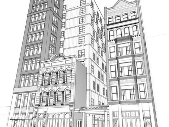 An elevation showing a Fourth Avenue perspective of the planned Dream Nashville hotel in the Printers Alley area, including the Climax Saloon and Utopia Hotel (Photo: ESa)